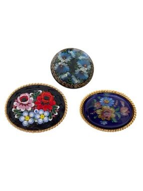 Vintage Floral Brooch Set Gold Blue Pink Micro Mosaic & Hand Painted Signed